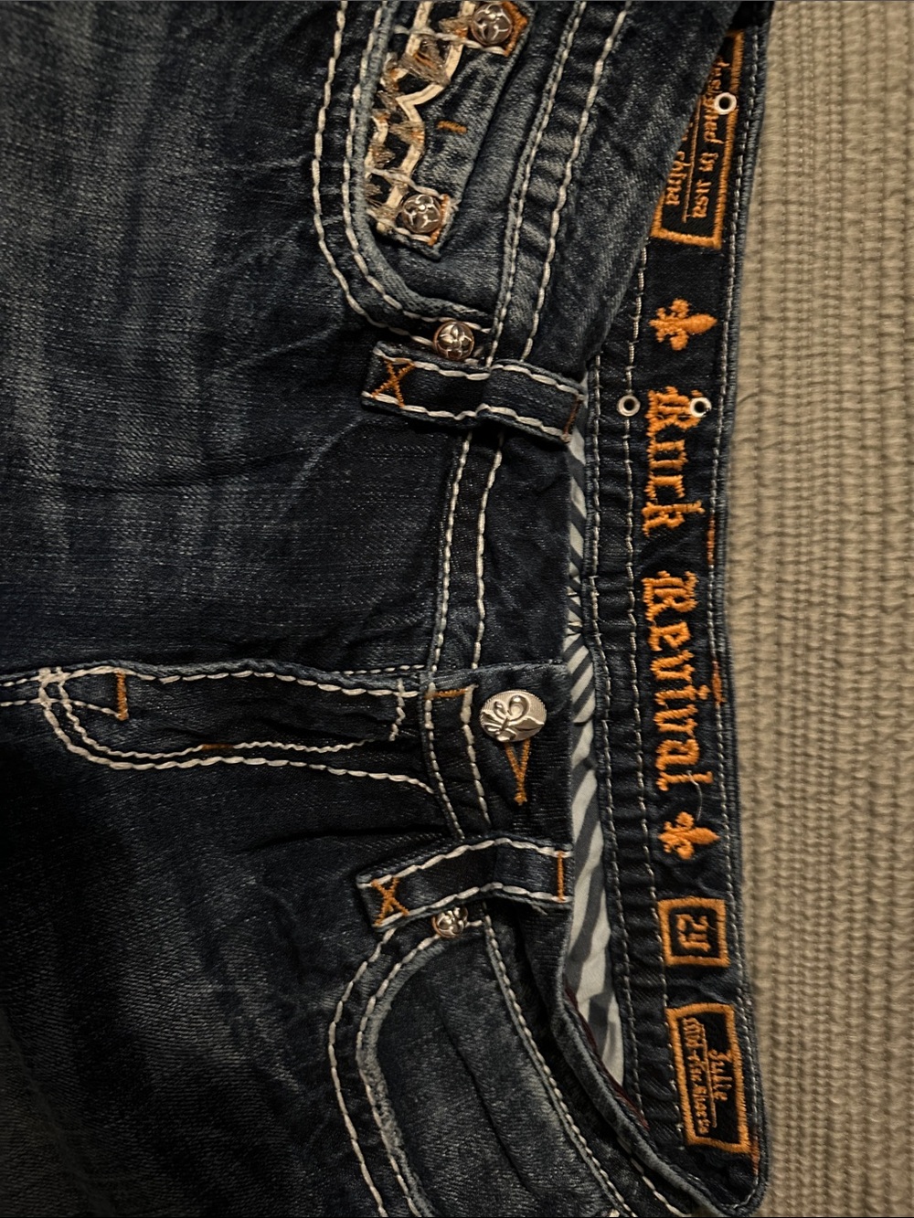 Rock Revival Dark Wash Slim Straight Jeans with Orange Embroidery